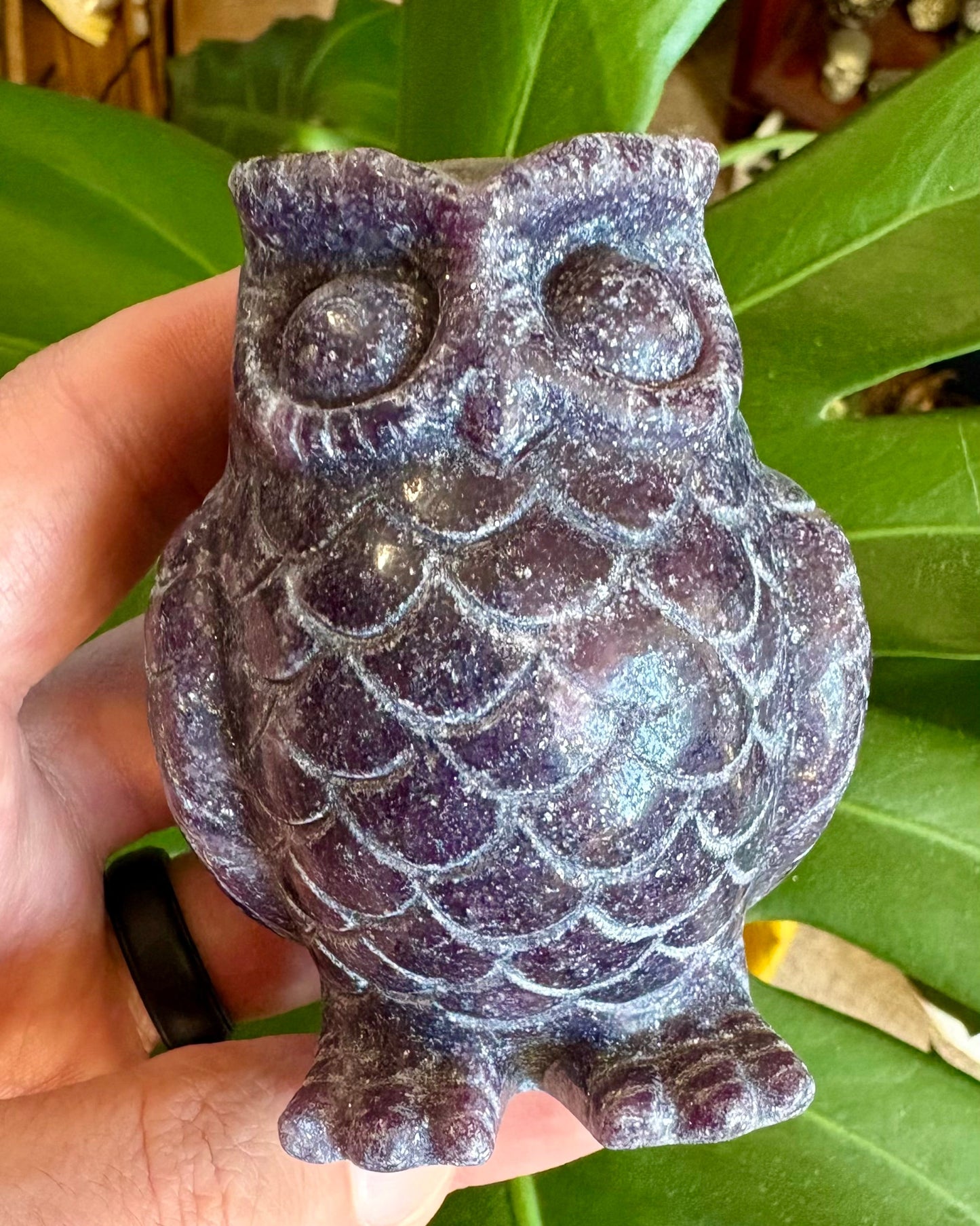 Hand holding a purple stone owl figurine against a green leafy background
