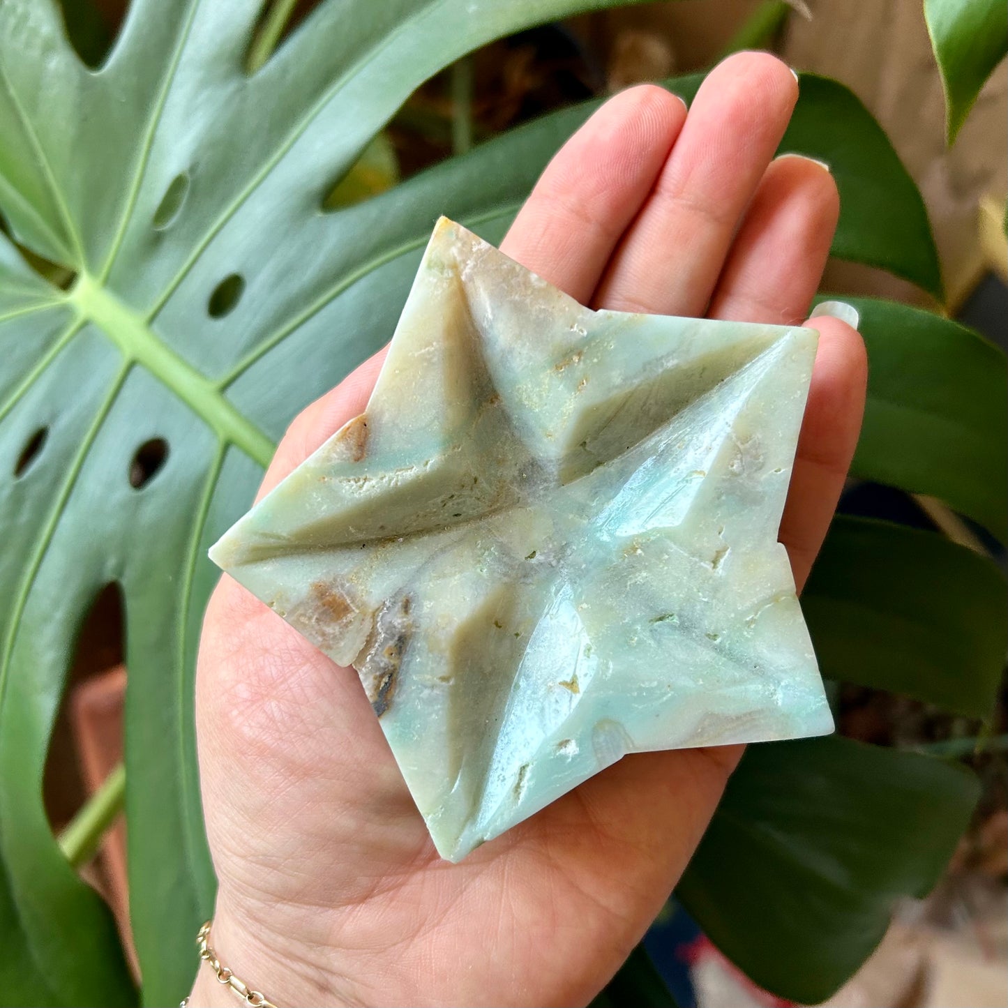 Hand holding a star-shaped green stone with leaves in the background