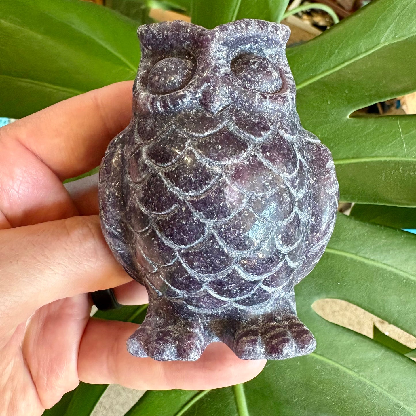 Hand holding a purple stone owl figurine with green leaves in the background