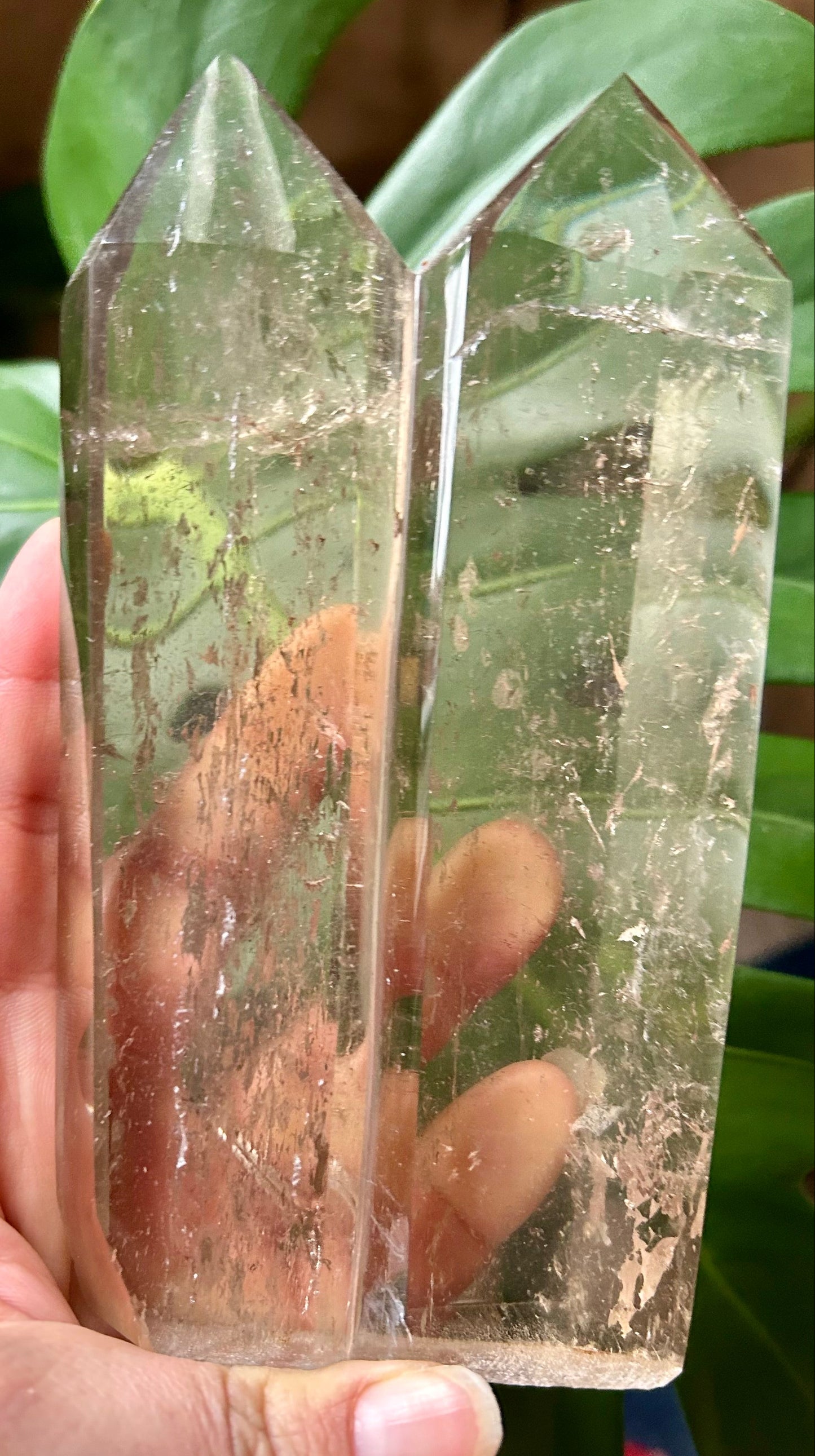 Clear crystal held by a hand with green leaves in the background