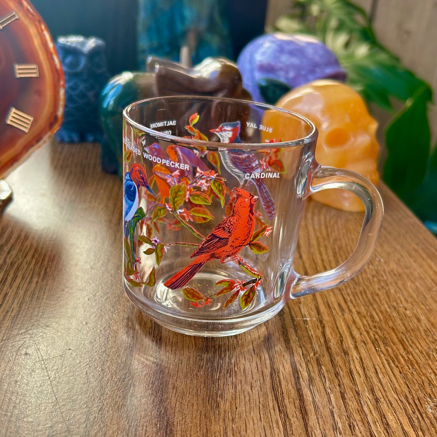 Clear glass mug with a colorful bird design on a wooden surface