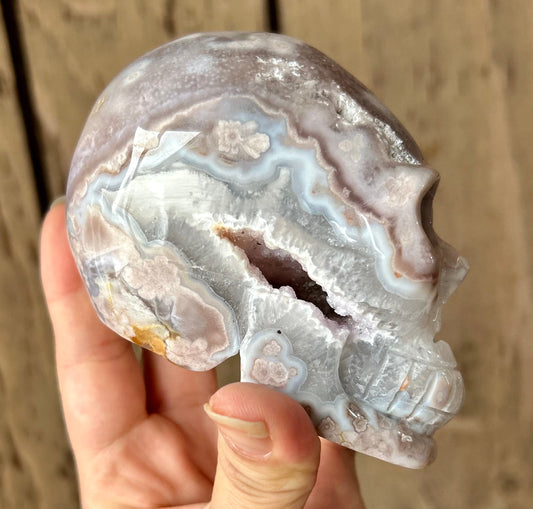 Pink Amethyst Flower Agate Skull Carving