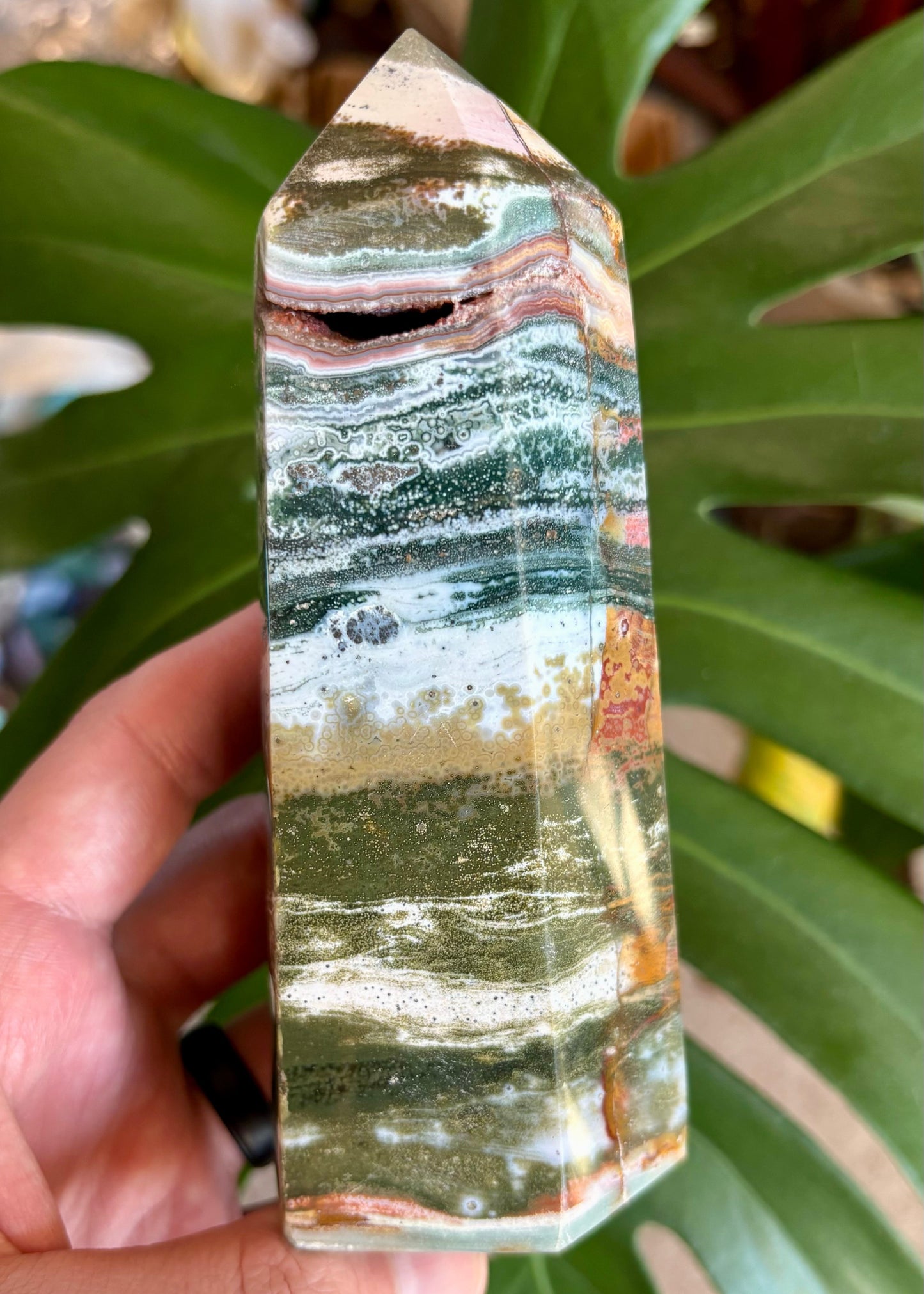 Hand holding a multicolored crystal with green, brown, and white layers against a leafy background