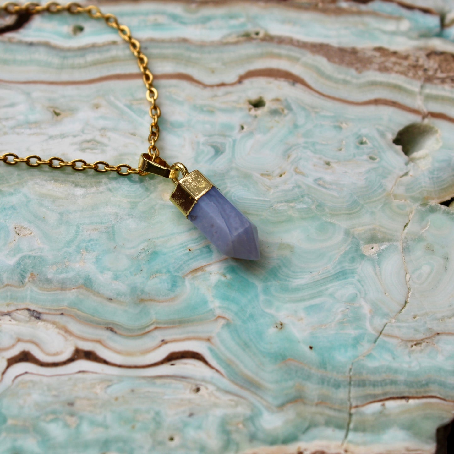 Blue Lace Agate Gold Pendant Necklace