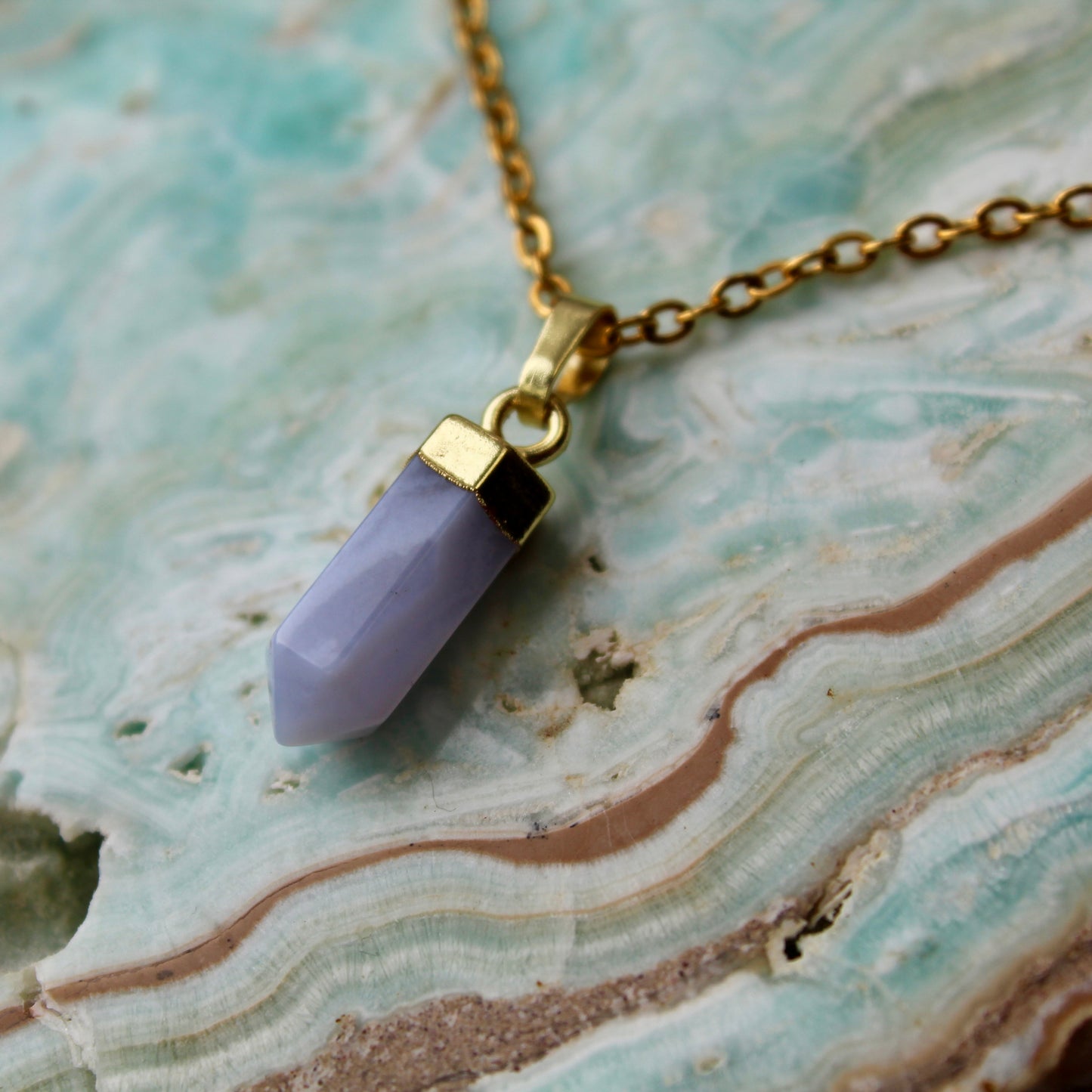 Blue Lace Agate Gold Pendant Necklace