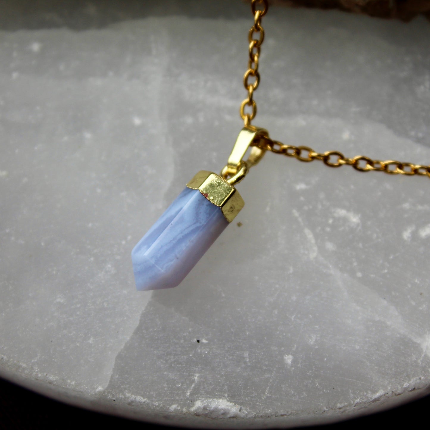Blue Lace Agate Gold Pendant Necklace