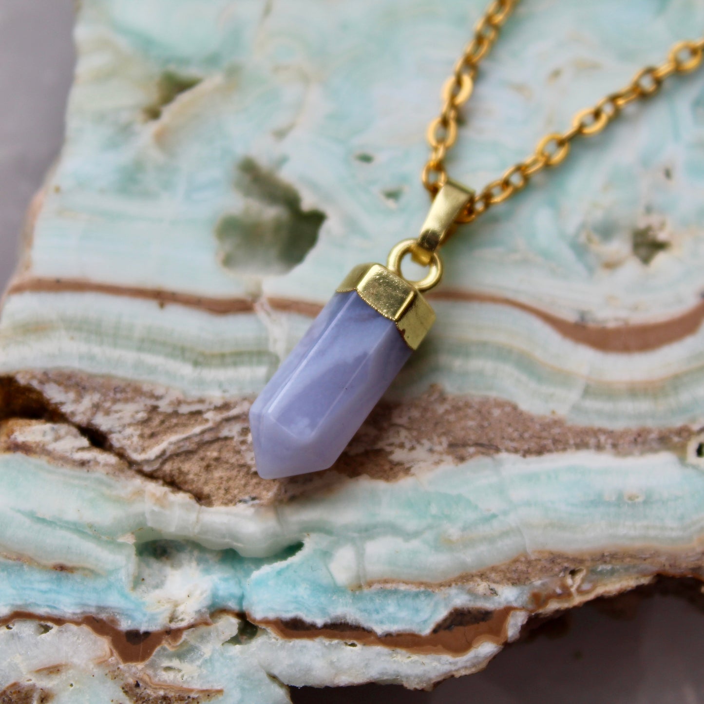 Blue Lace Agate Gold Pendant Necklace