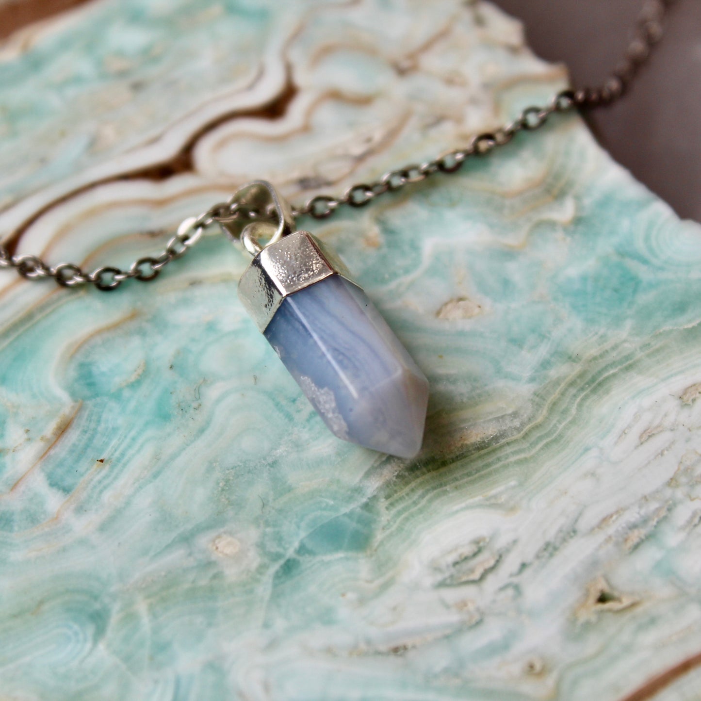 Blue Lace Agate Silver Pendant Necklace
