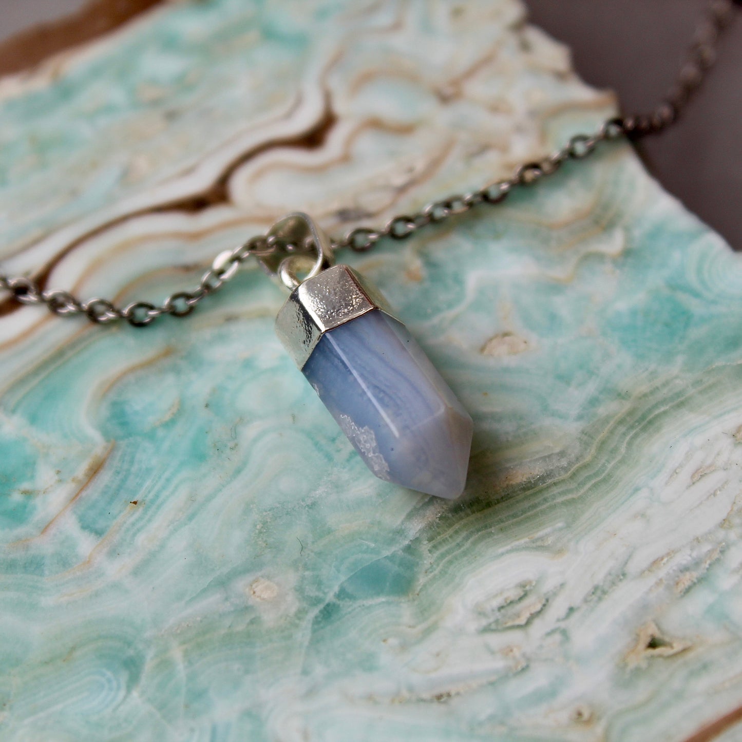 Blue Lace Agate Silver Pendant Necklace