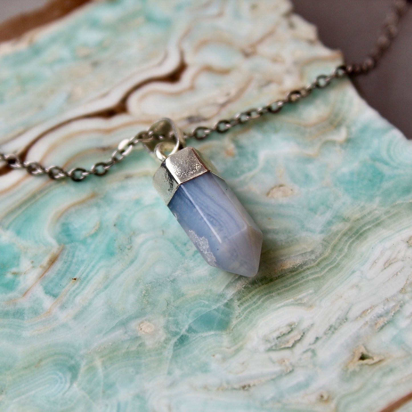 Blue Lace Agate Silver Pendant Necklace
