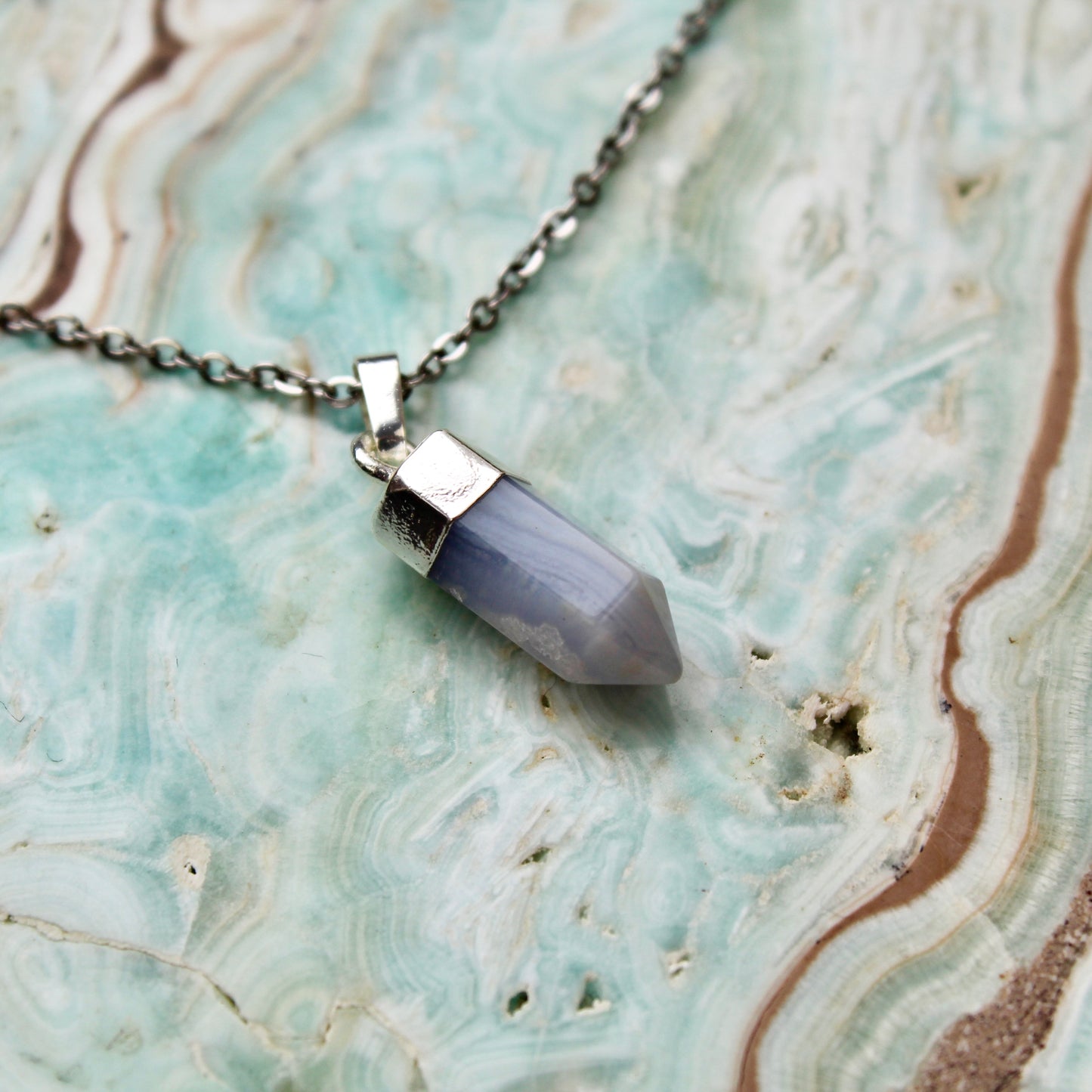 Blue Lace Agate Silver Pendant Necklace
