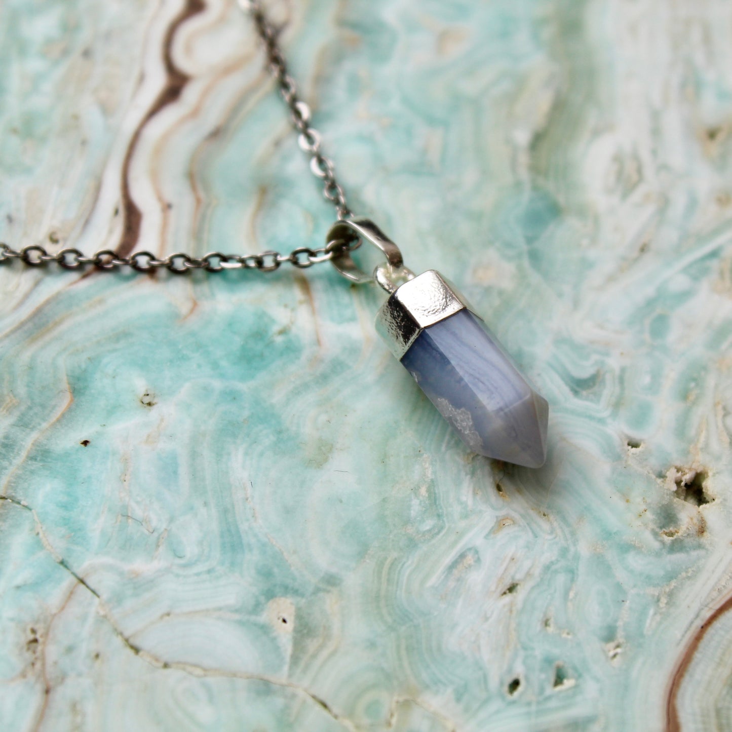 Blue Lace Agate Silver Pendant Necklace
