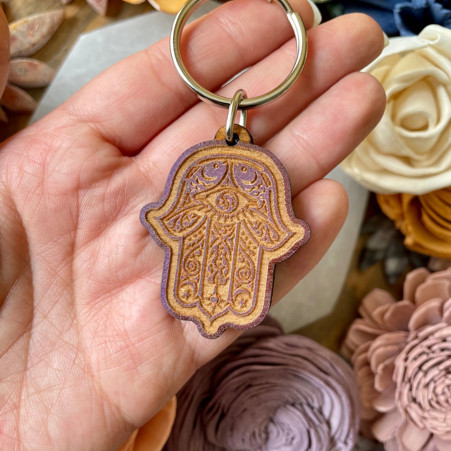 Hamsa Hand Wood Keychain