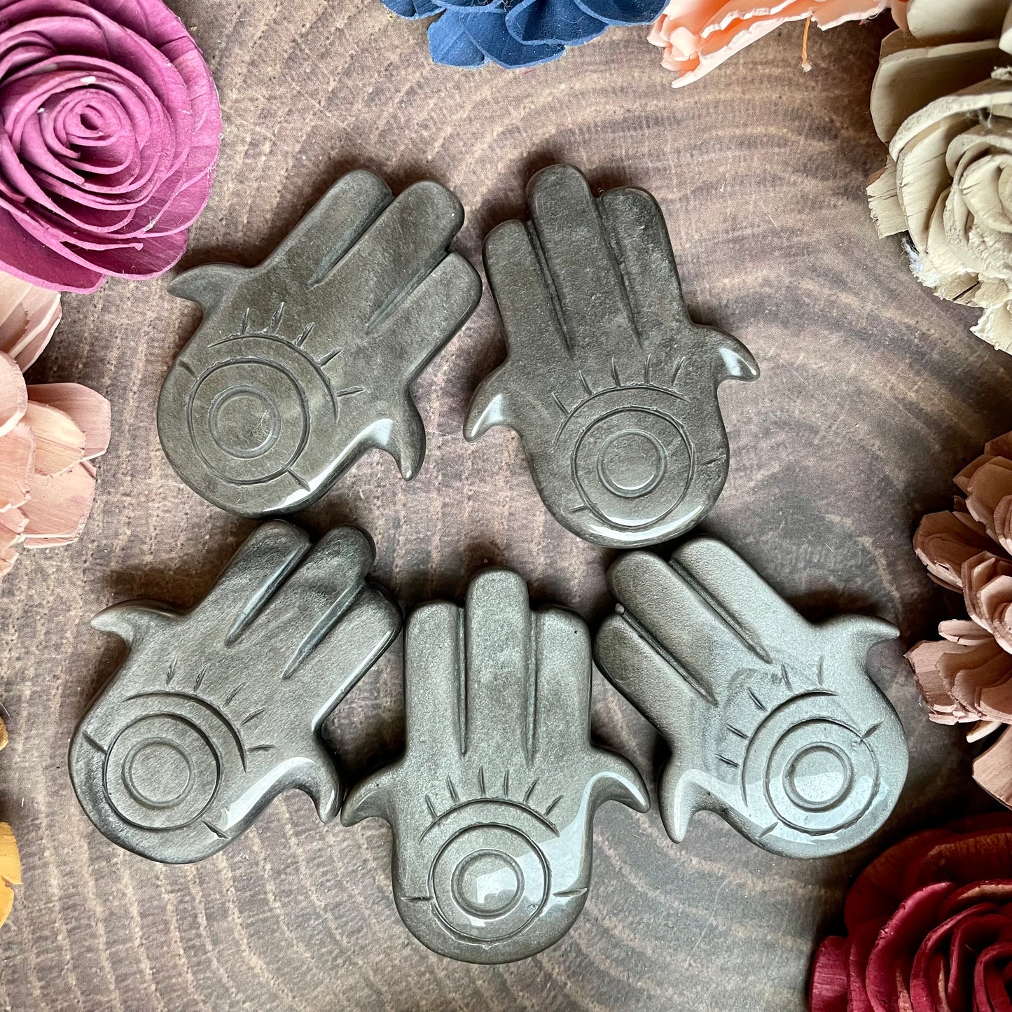 Silver Sheen Obsidian Hamsa hand Carving