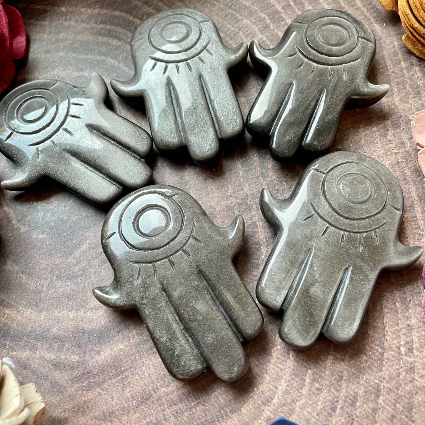 Silver Sheen Obsidian Hamsa hand Carving
