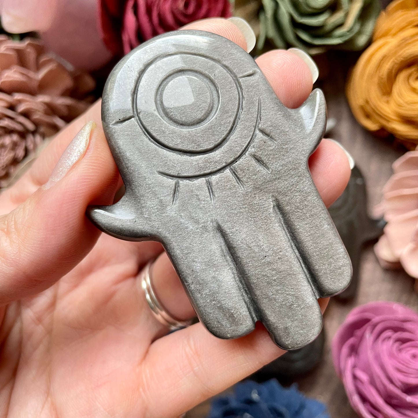 Silver Sheen Obsidian Hamsa hand Carving