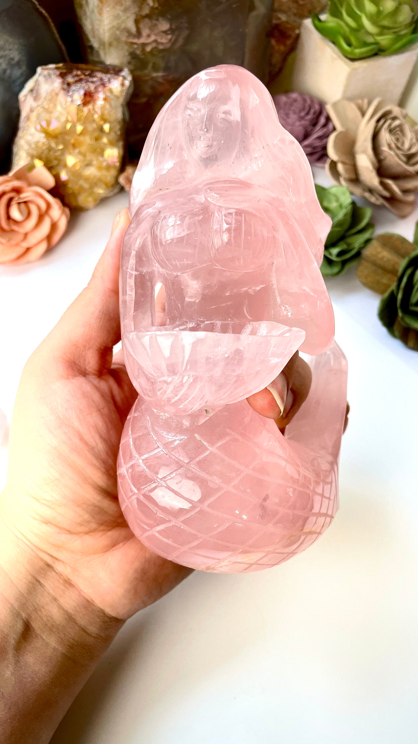 Rose Quartz 1.7 lbs Mermaid Carving