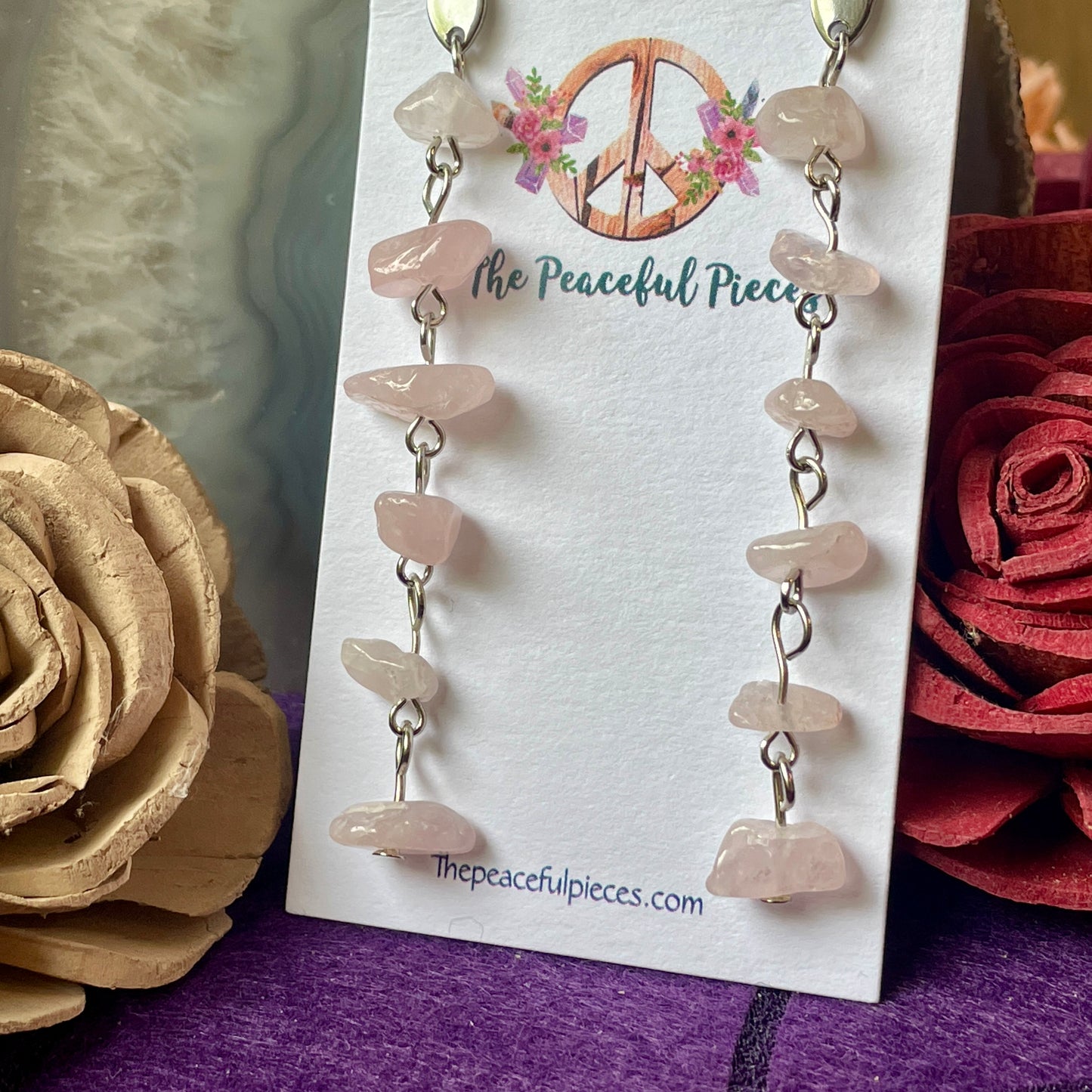 Dangling Rose Quartz Chip Earrings