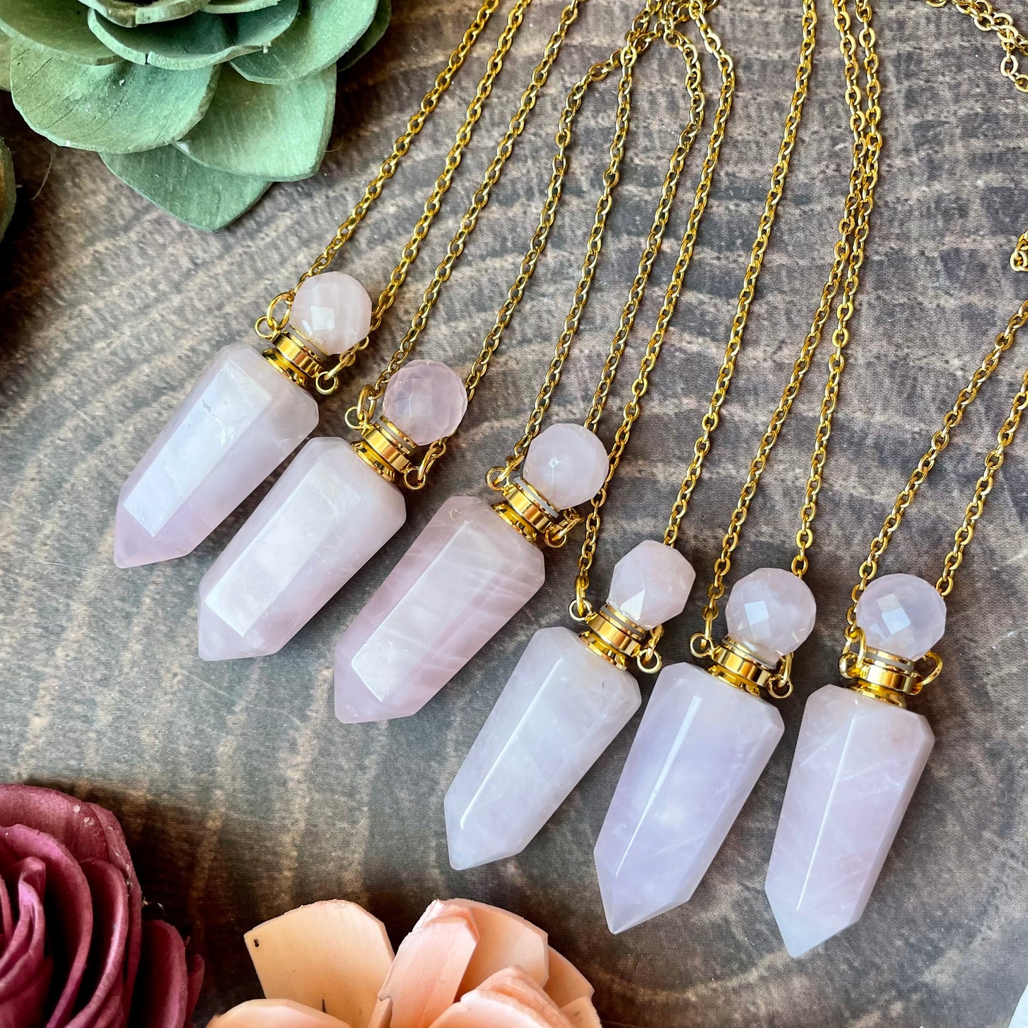 Rose Quartz Essential Oil Bottle Pendant Necklace