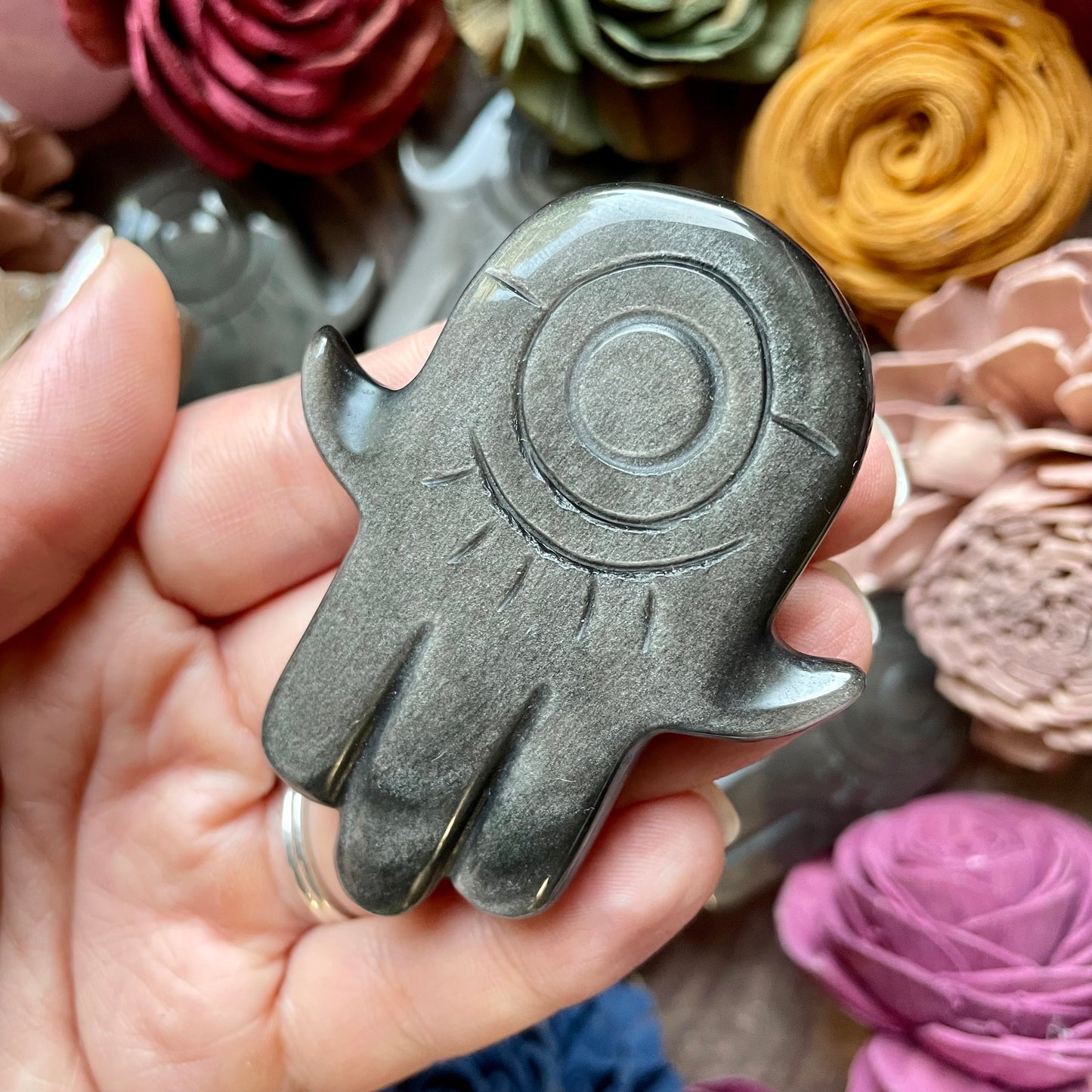Silver Sheen Obsidian Hamsa hand Carving