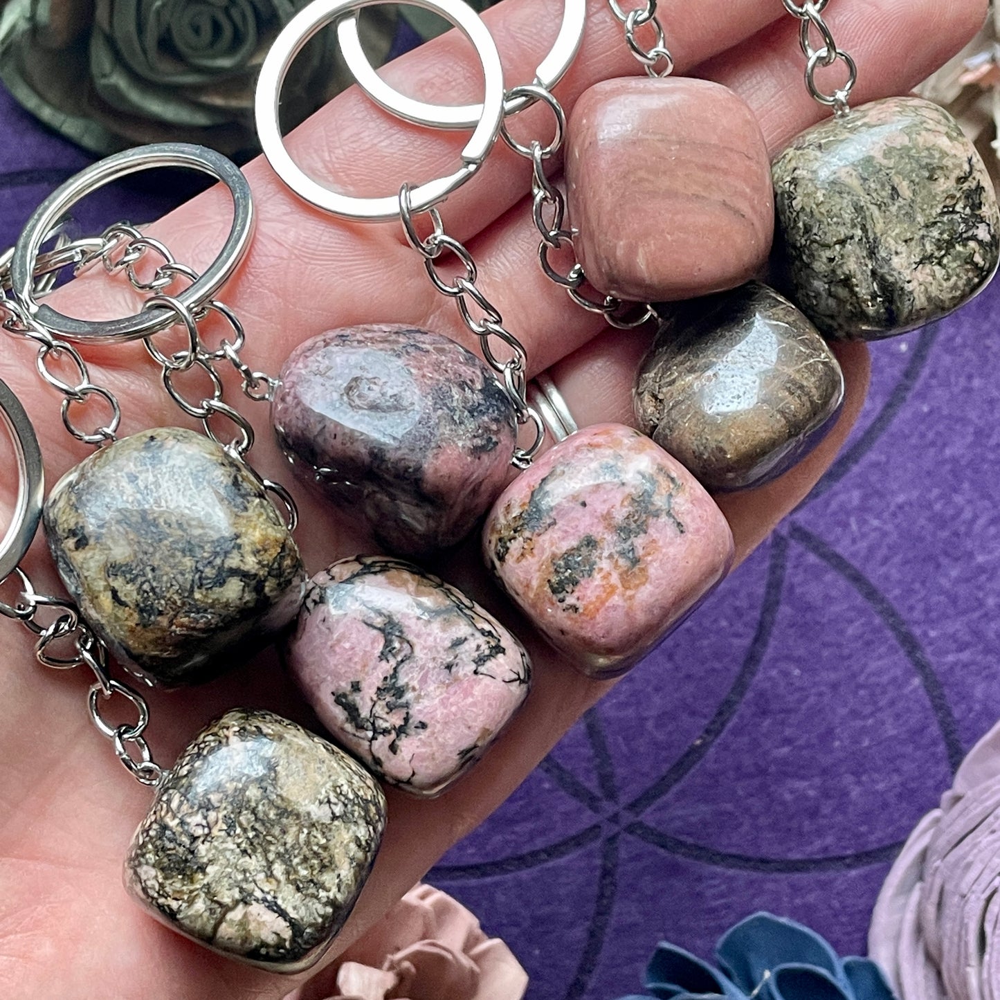 Rhodonite Tumble Stone Keychain
