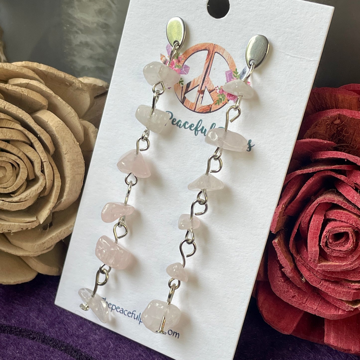 Dangling Rose Quartz Chip Earrings
