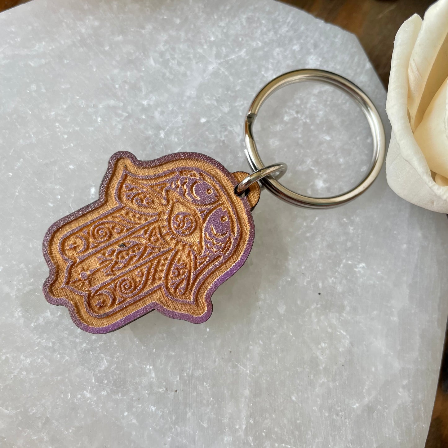 Hamsa Hand Wood Keychain