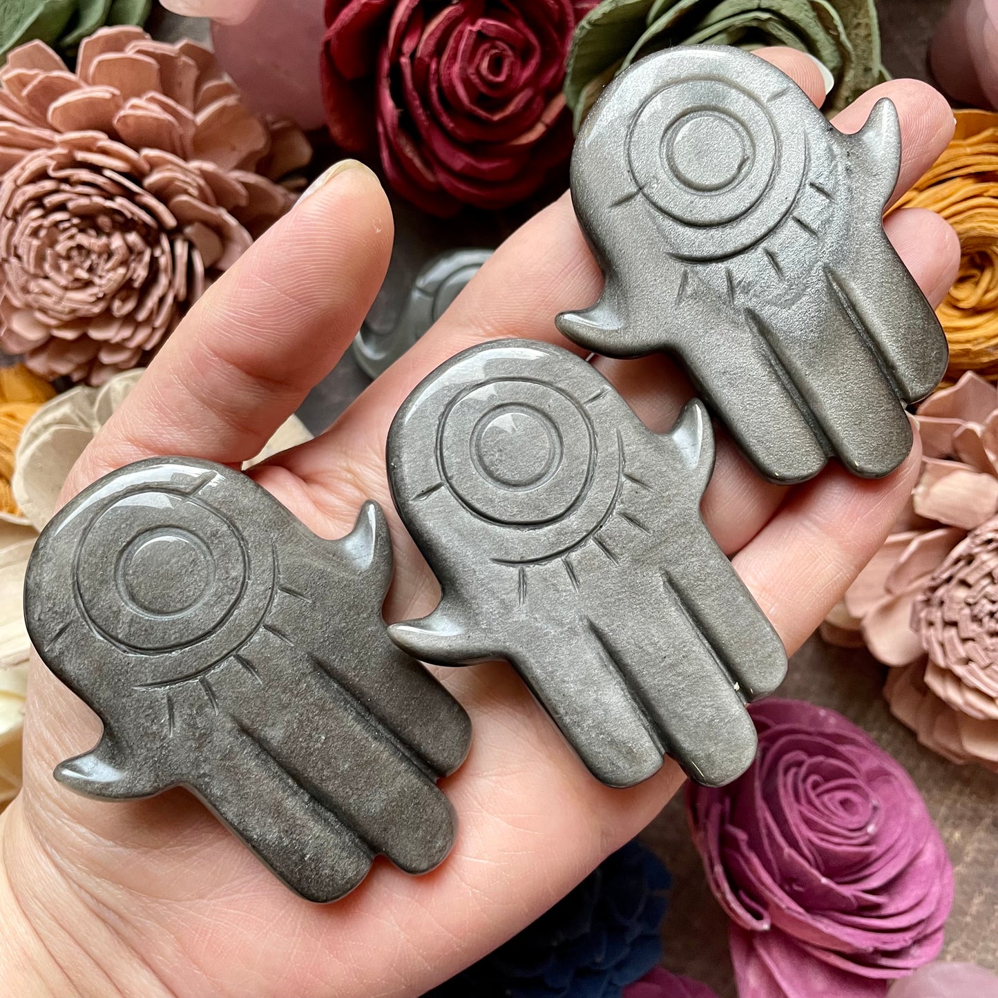 Silver Sheen Obsidian Hamsa hand Carving