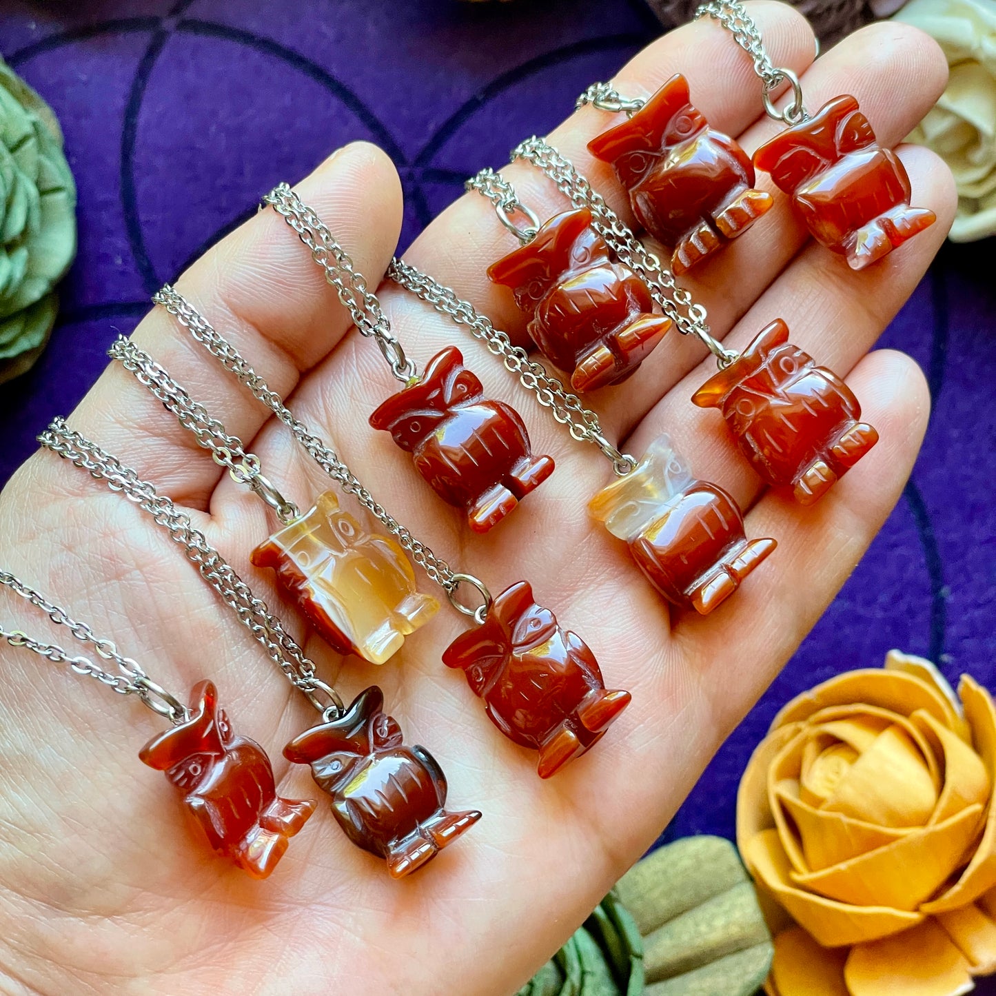 Carnelian Agate Owl Carving Pendant Necklace
