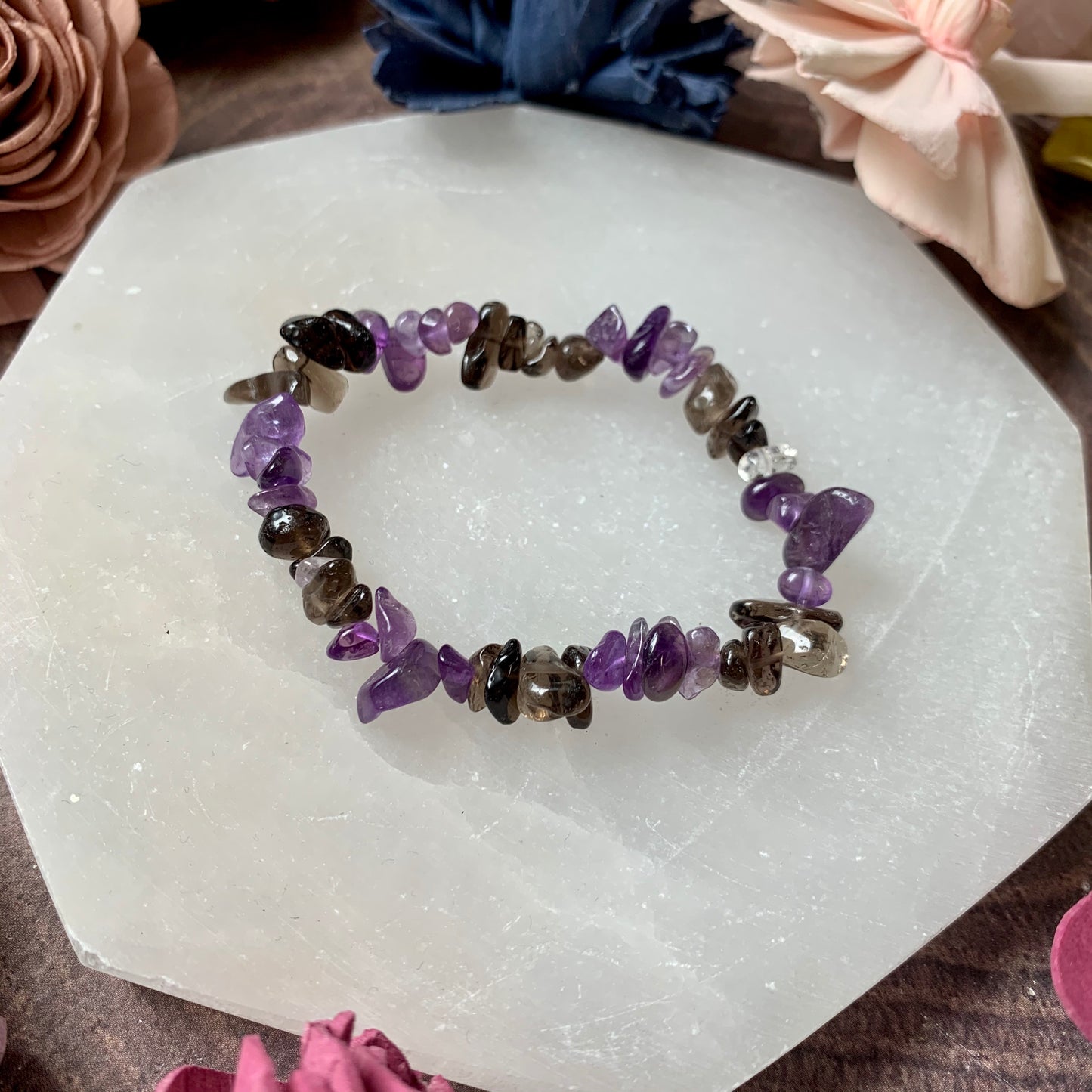 Amethyst and Smoky Quartz Chip Bead Bracelet