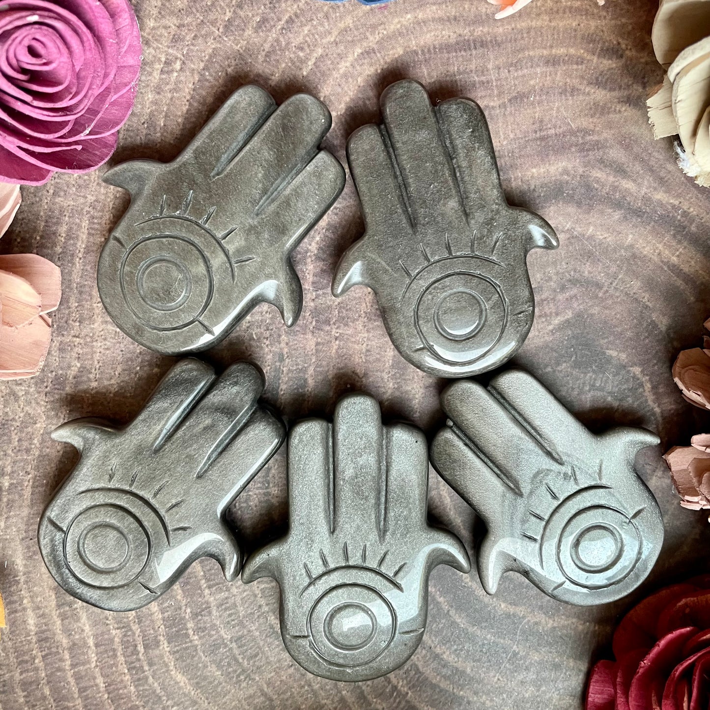 Silver Sheen Obsidian Hamsa hand Carving