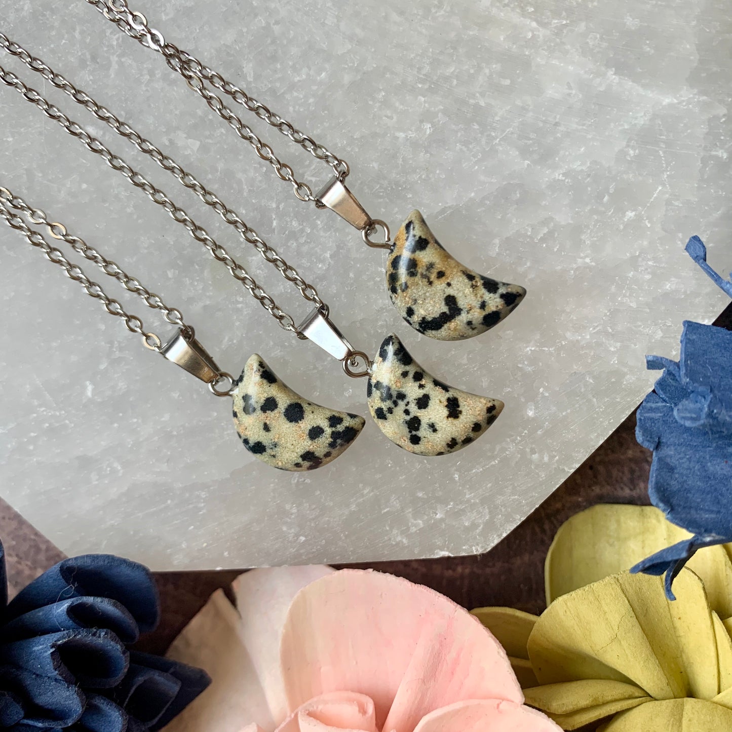 Small Dalmation Jasper Moon Pendant Necklace