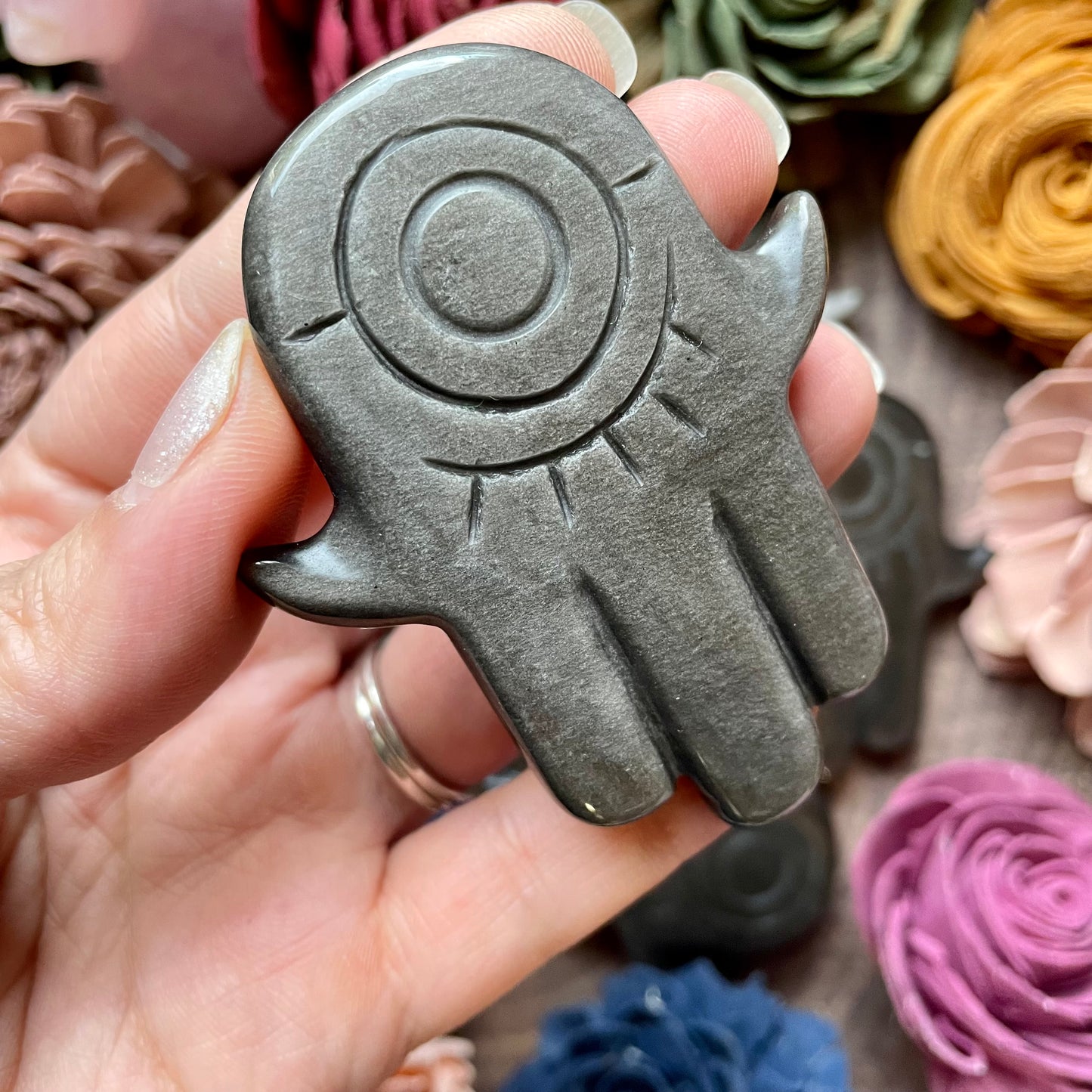 Silver Sheen Obsidian Hamsa hand Carving