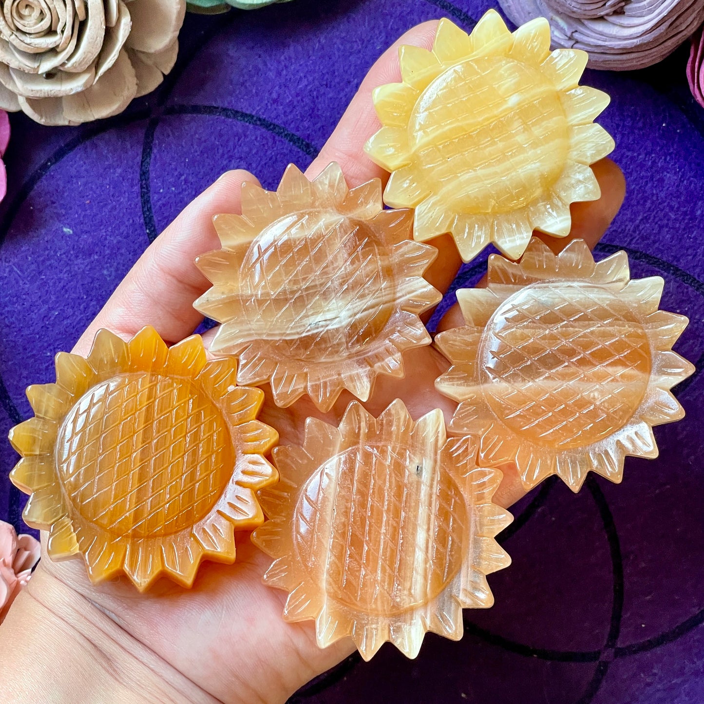 Honey Calcite Sunflower Carving