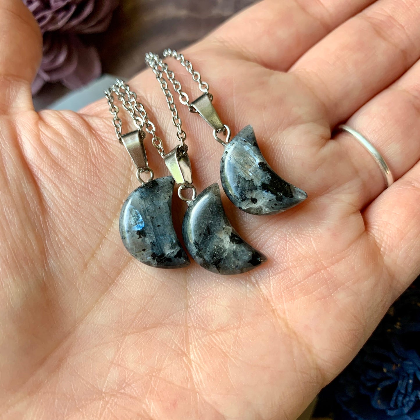 Small Larvikite Moon Pendant Necklace
