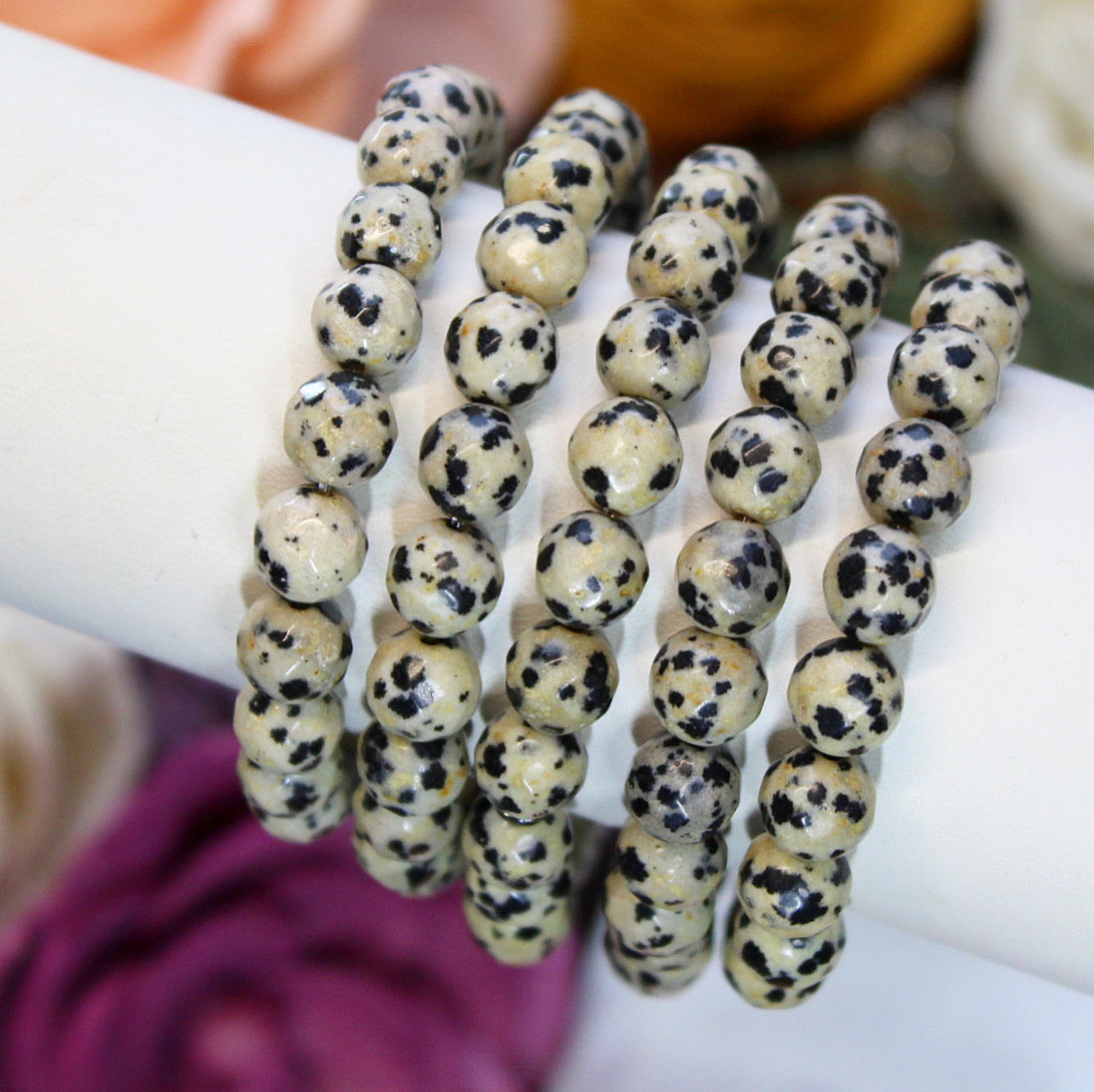 Dalmatian Jasper faceted 8mm beaded bracelet