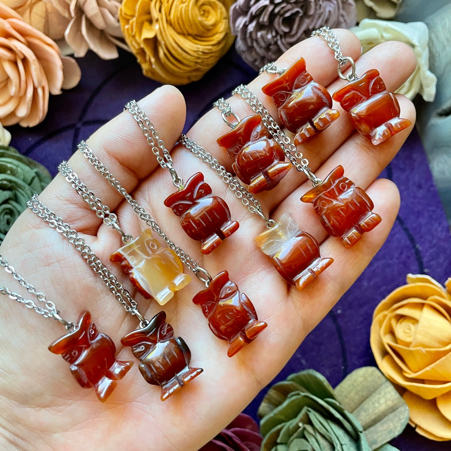 Carnelian Agate Owl Carving Pendant Necklace