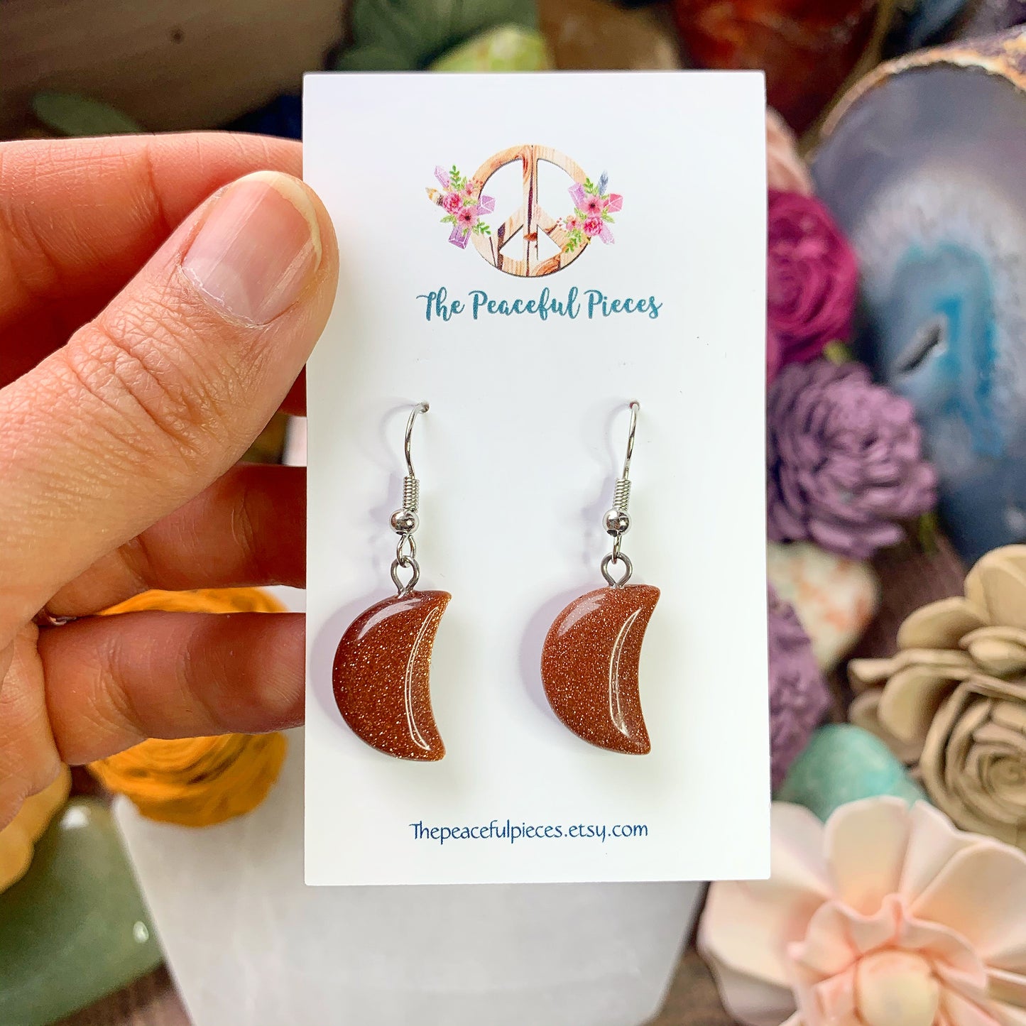 Goldstone Moon Earrings