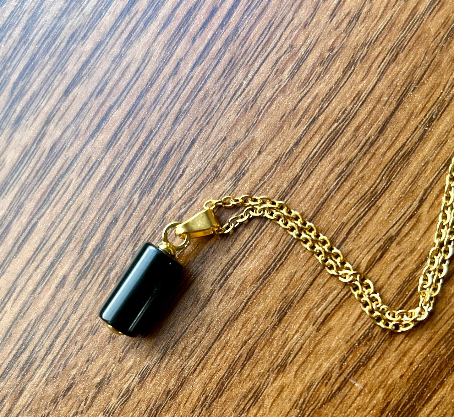 Black Onyx Gold Cylinder Pendant Necklace