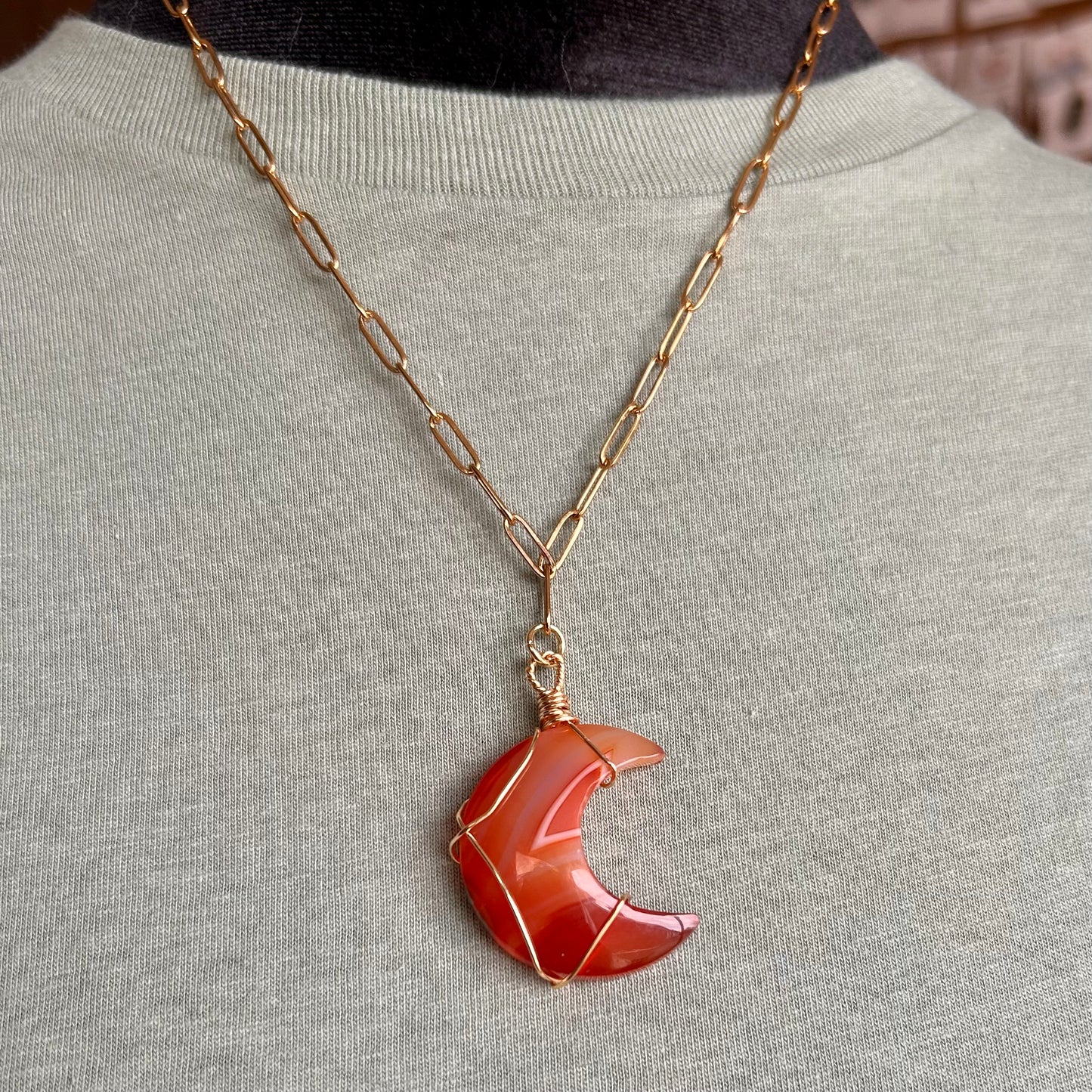 Carnelian Gold Wire Wrapped Moon Pendant Necklace