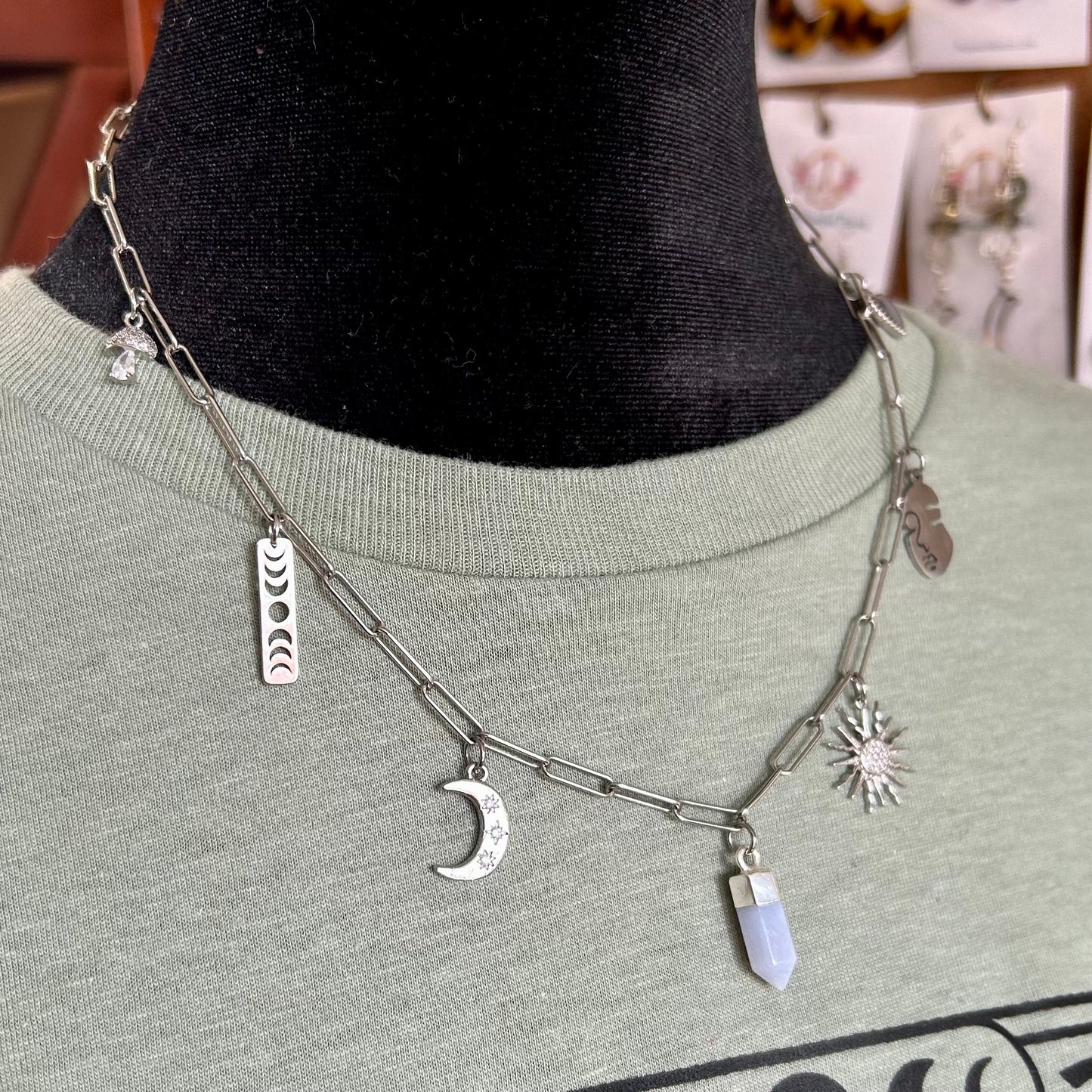 Blue Lace Agate Silver Charm Necklace