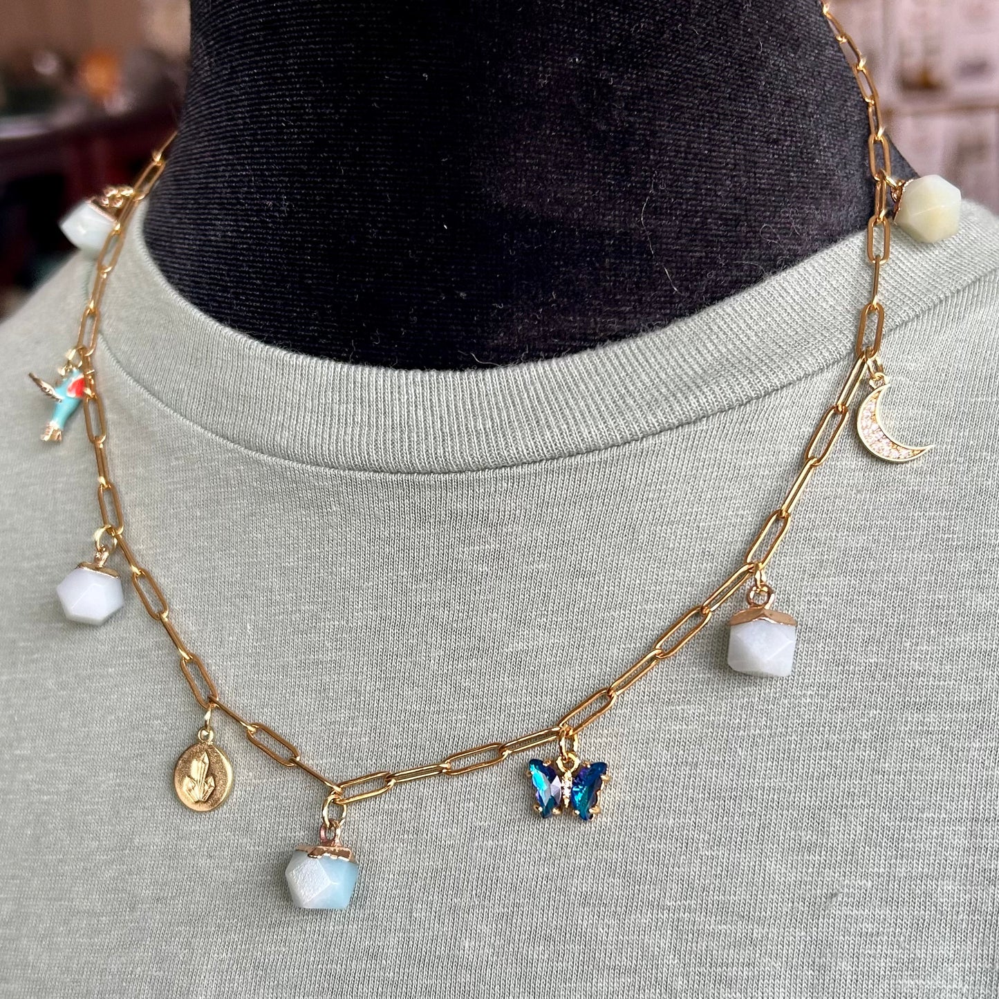 Dainty Sky Blue Quartz Gold Charm Necklace