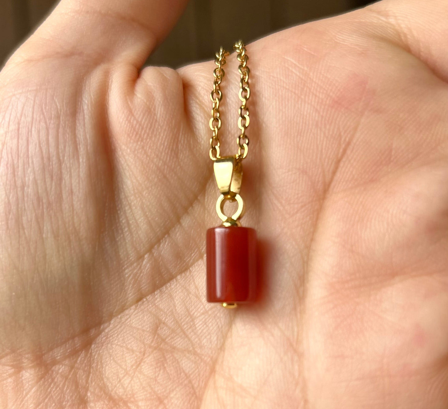 Carnelian Gold Cylinder Pendant Necklace
