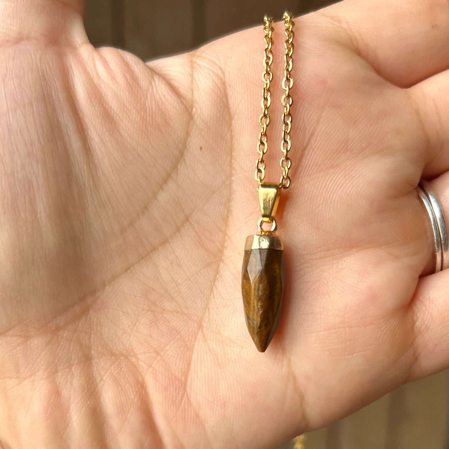 Hand holding a gold necklace with a brown pendant against a blurred background
