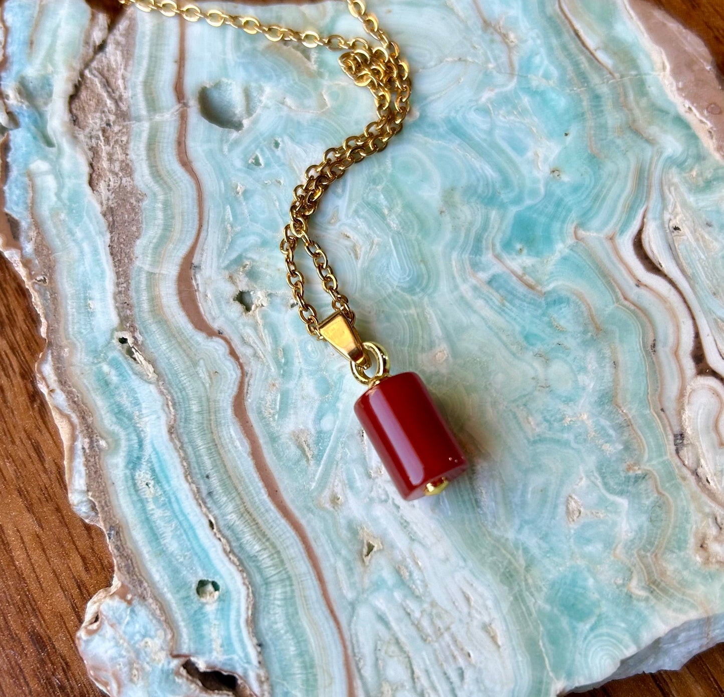 Carnelian Gold Cylinder Pendant Necklace