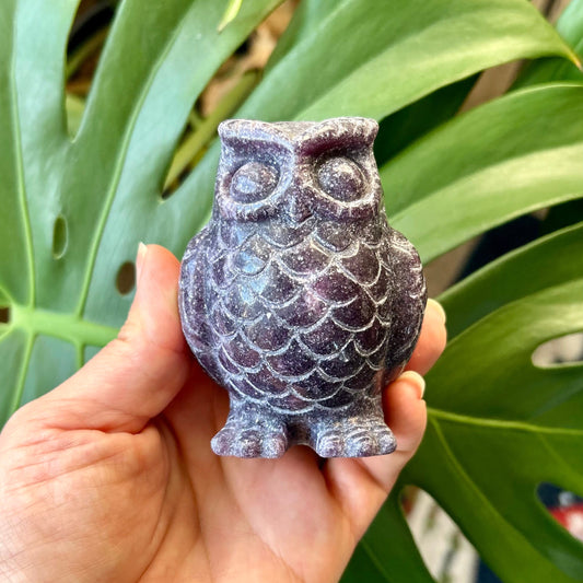 Hand holding a small purple owl figurine in front of green leaves