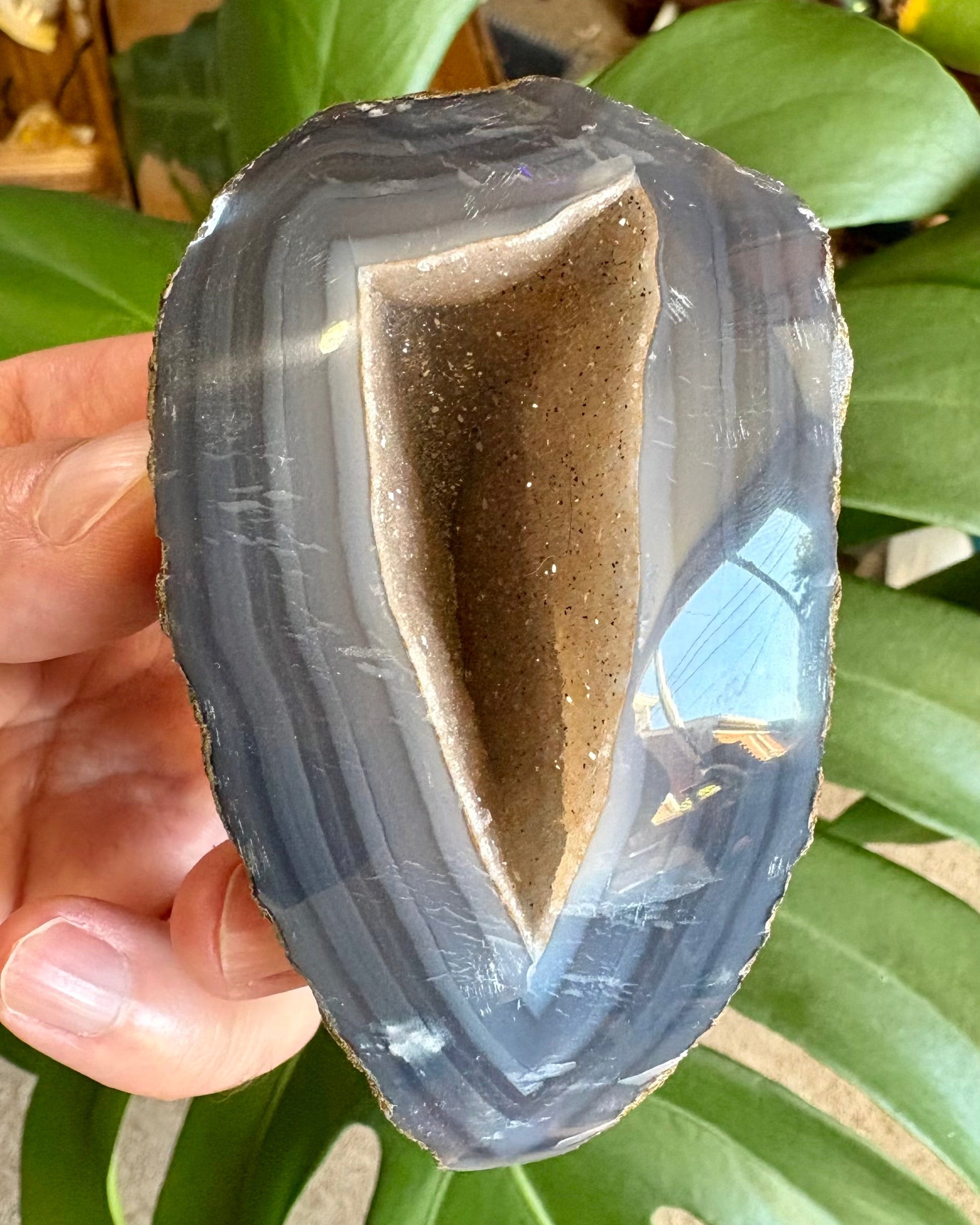 Geode held by a hand with green leaves in the background