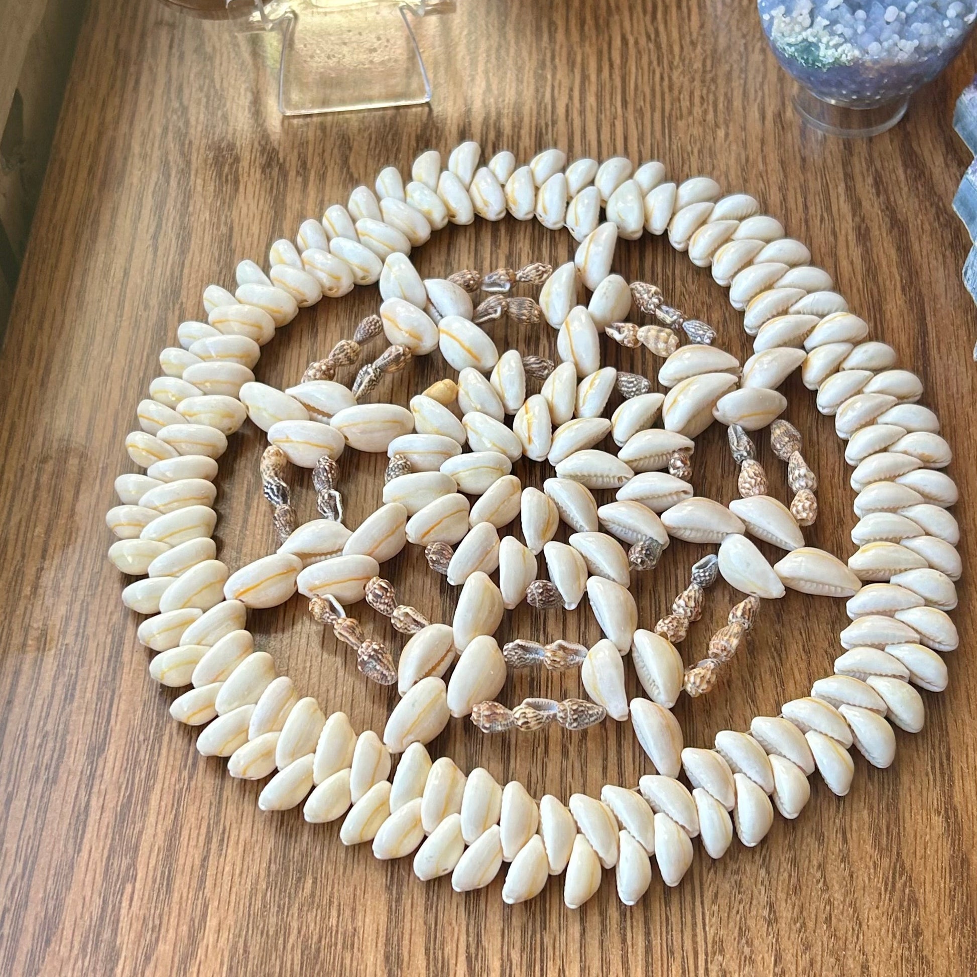 Decorative circular arrangement of seashells on a wooden surface