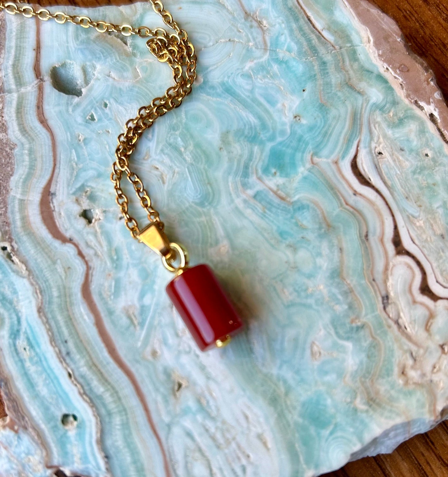 Carnelian Gold Cylinder Pendant Necklace