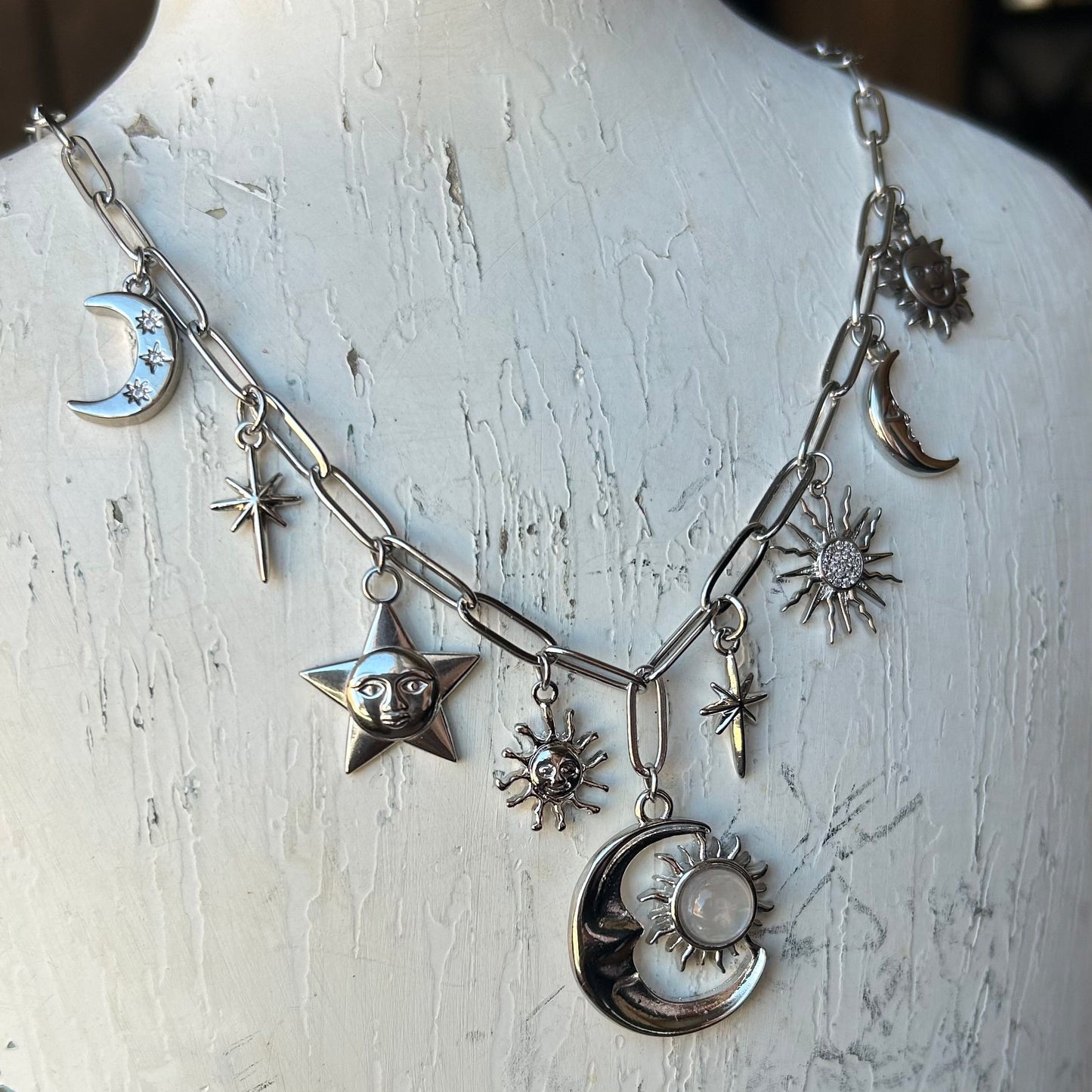 Moonstone Celestial Silver Charm Necklace